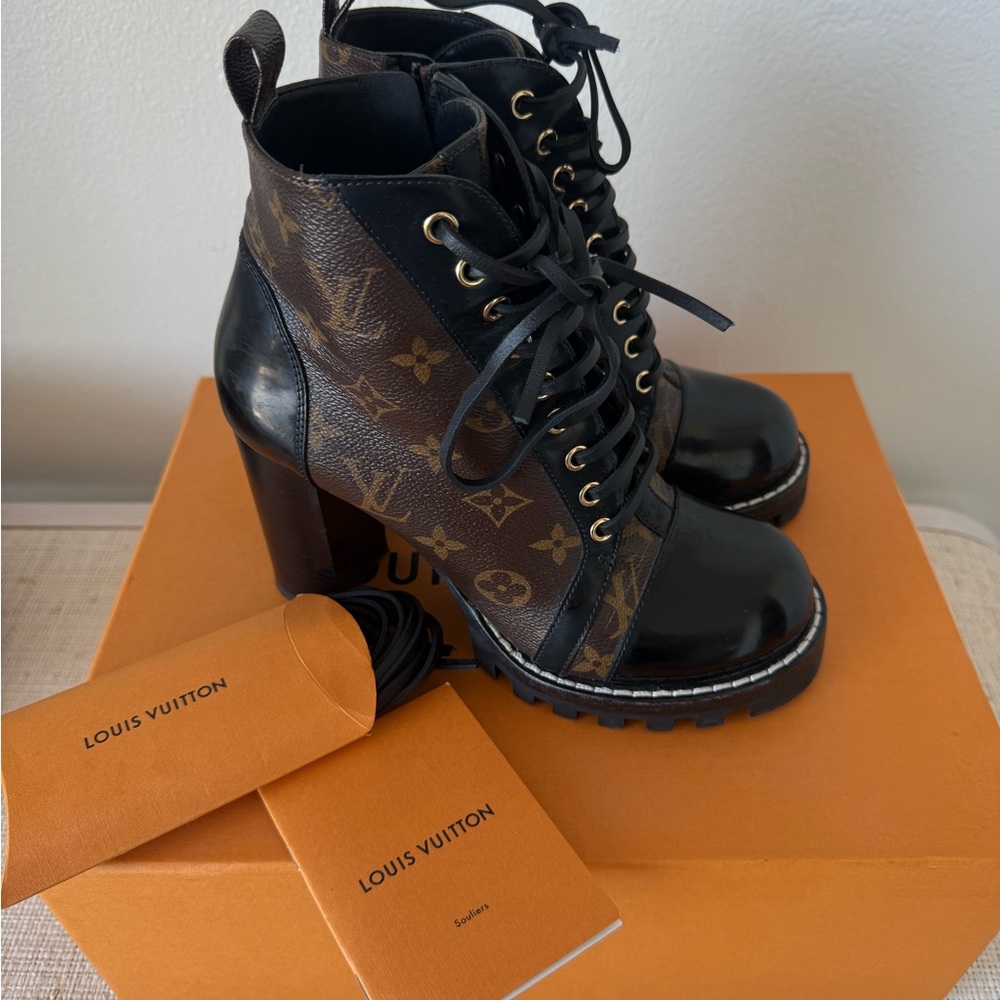 Louis Vuitton Black and Brown Monogram Lace-Up Platform Ankle Boots